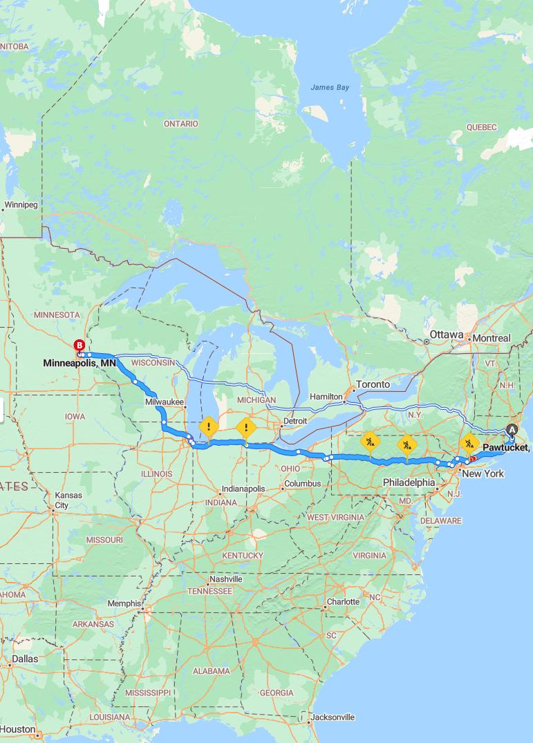 driving from Pawtucket, Rhode Island to MinneapolisMinnesota - map and route