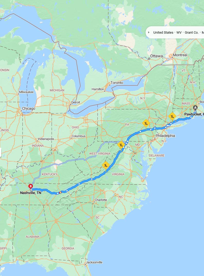 driving from Pawtucket, Rhode Island to NashvilleTennessee - map and route