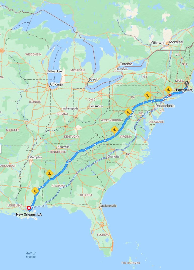 driving from Pawtucket, Rhode Island to New OrleansLouisiana - map and route