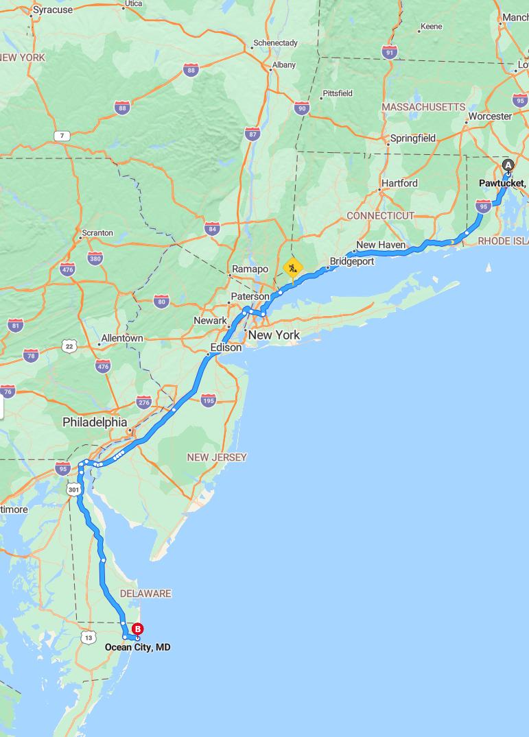 driving from Pawtucket, Rhode Island to Ocean CityMaryland - map and route