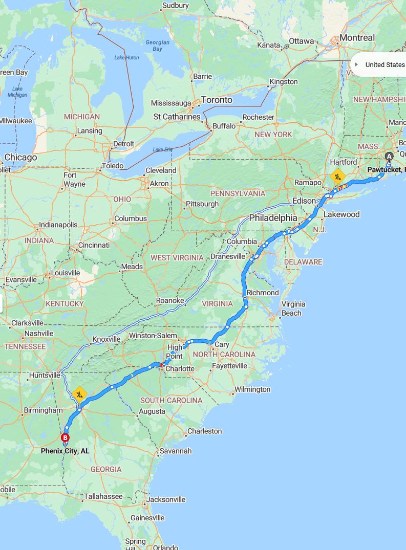 driving from Pawtucket, Rhode Island to Phenix CityAlabama - map and route