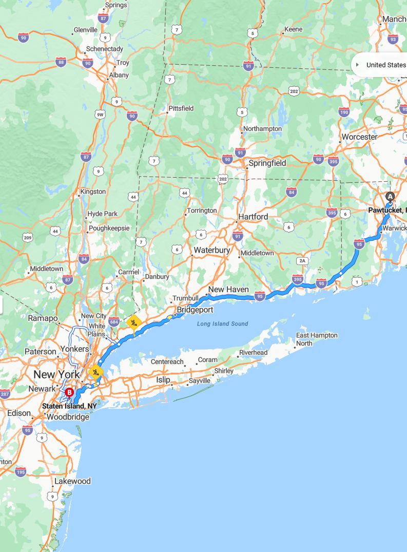 driving from Pawtucket, Rhode Island to Staten IslandNew York - map and route