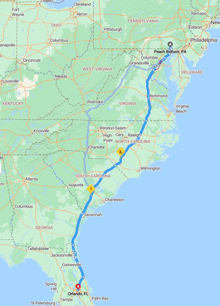 driving from Peach Bottom, Pennsylvania to OrlandoFlorida - map and route