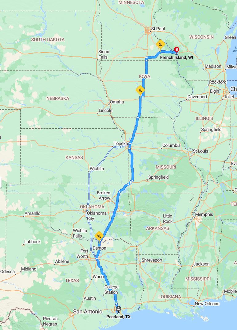 driving from Pearland, Texas to French IslandWisconsin - map and route