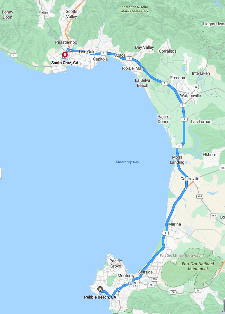 driving from Pebble Beach, California to Santa CruzCalifornia - map and route