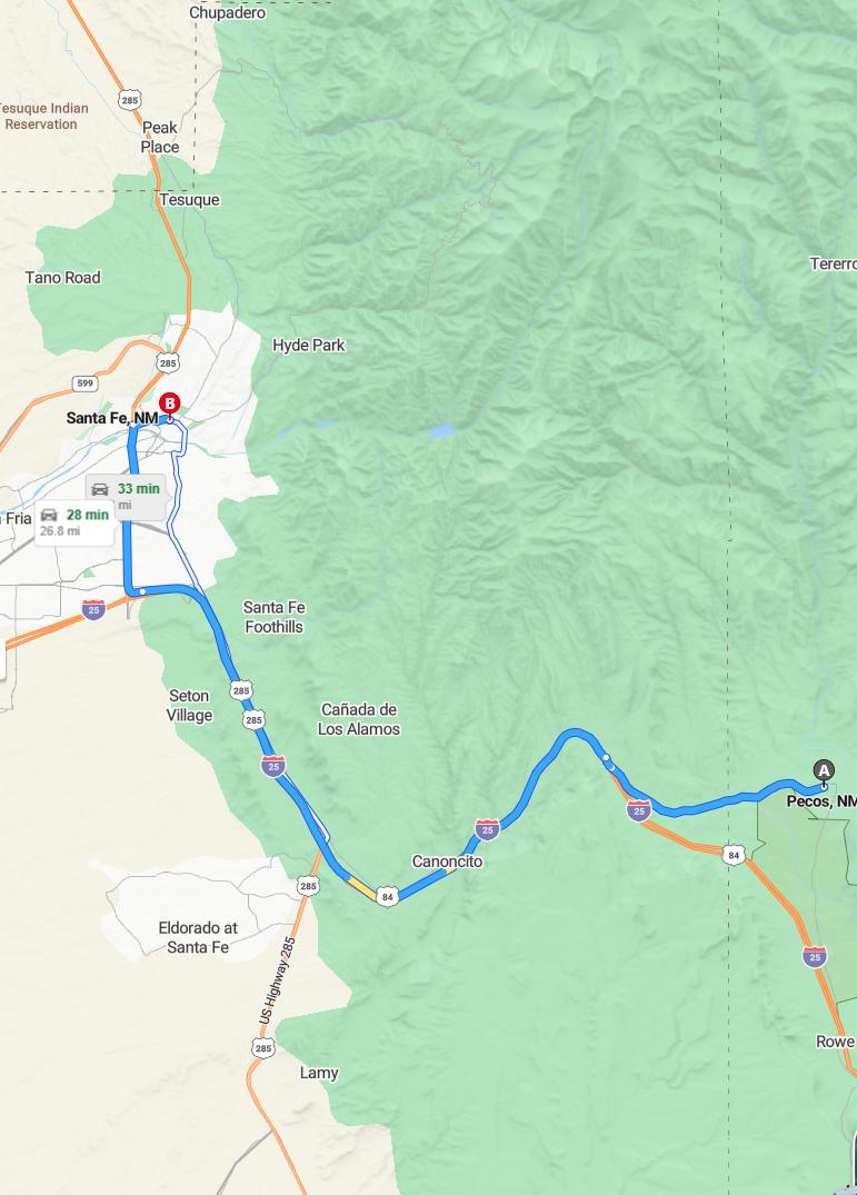 driving from Pecos, New Mexico to Santa FeNew Mexico - map and route
