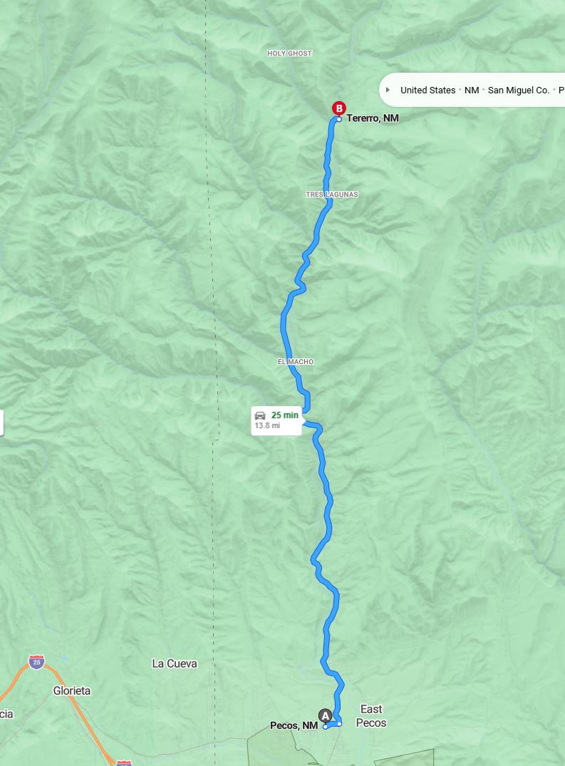 driving from Pecos, New Mexico to TerreroNew Mexico - map and route