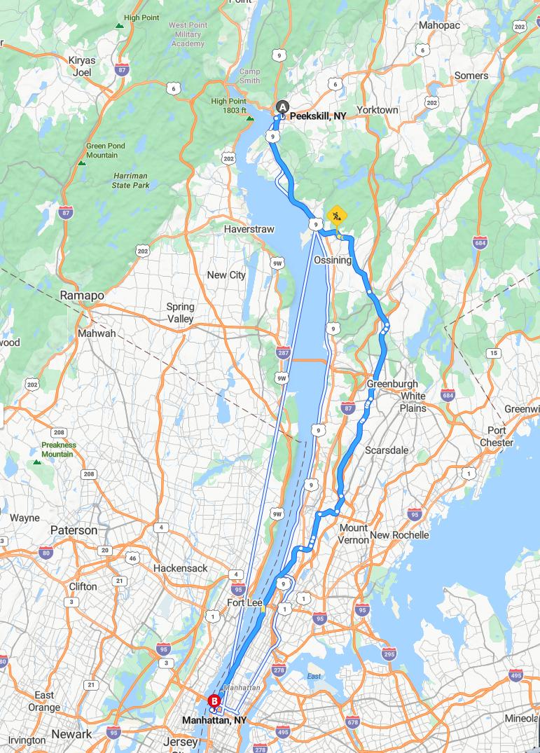 driving from Peekskill, New York to ManhattanNew York - map and route