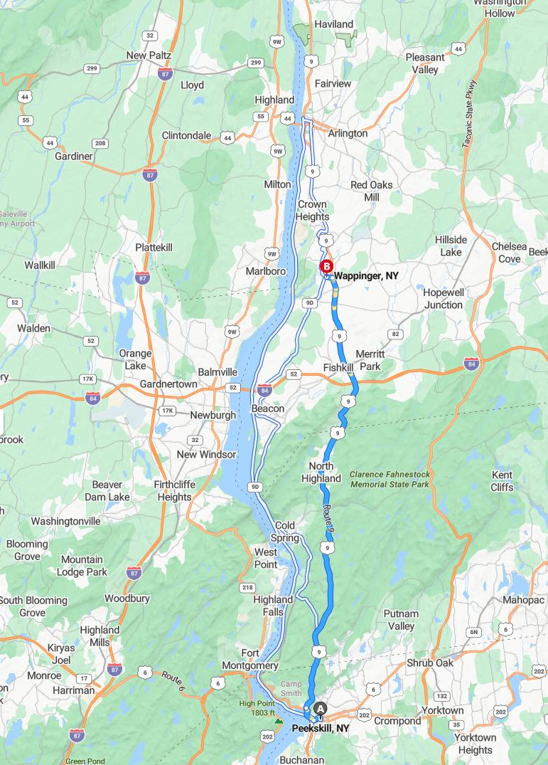 driving from Peekskill, New York to WappingersNew York - map and route