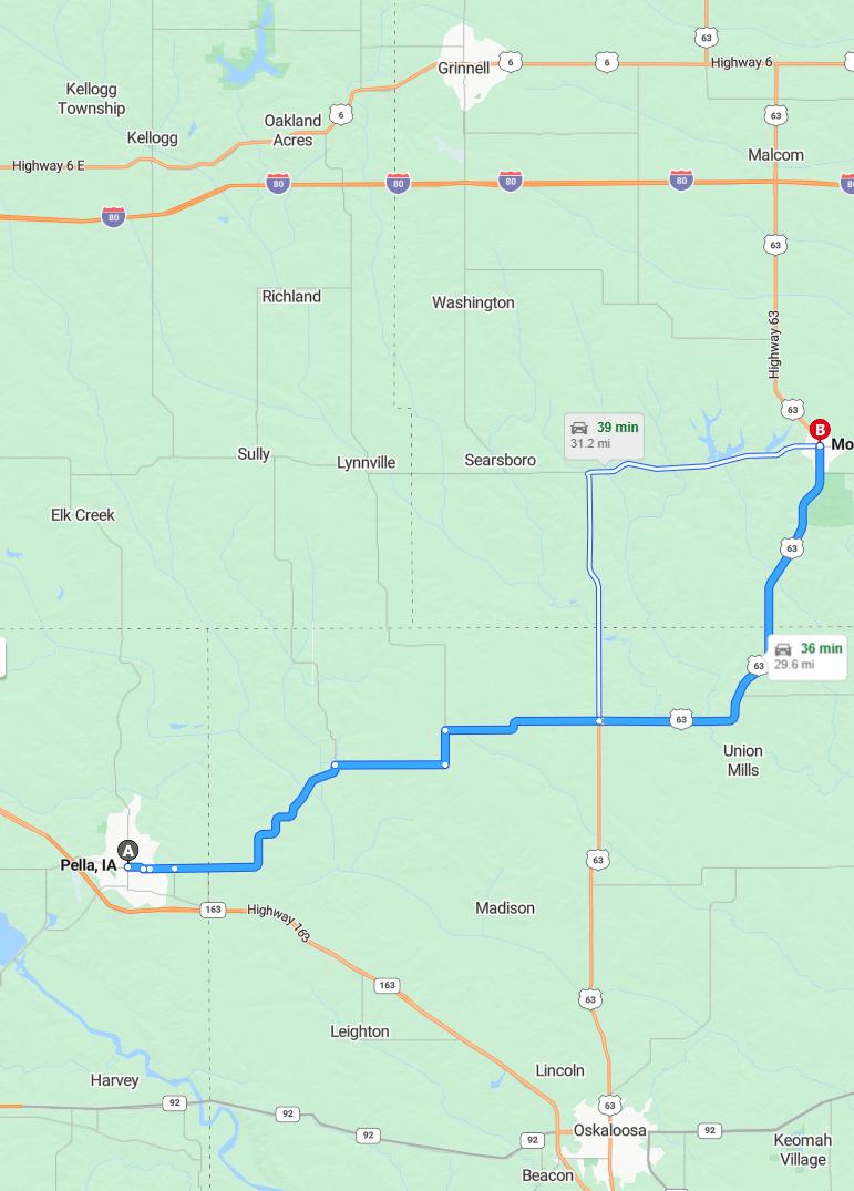 driving from Pella, Iowa to MontezumaIowa - map and route