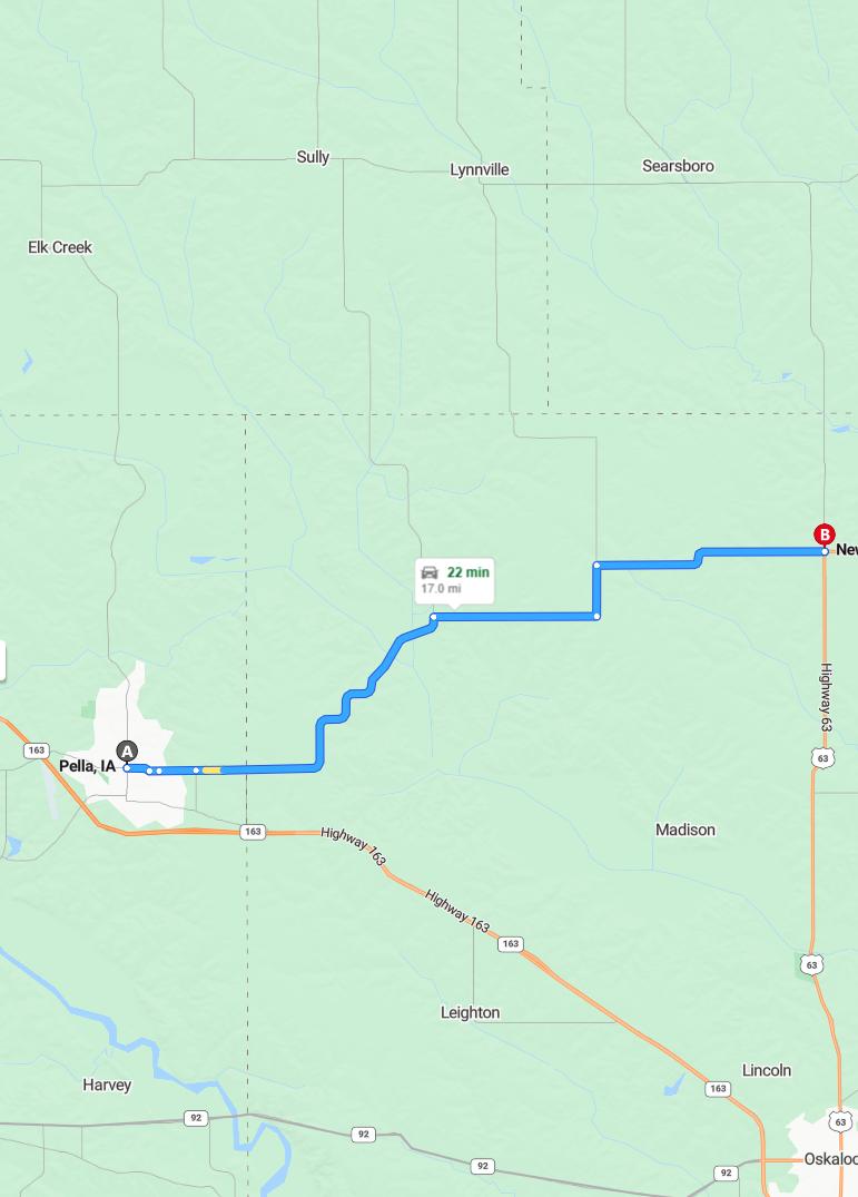 driving from Pella, Iowa to New SharonIowa - map and route