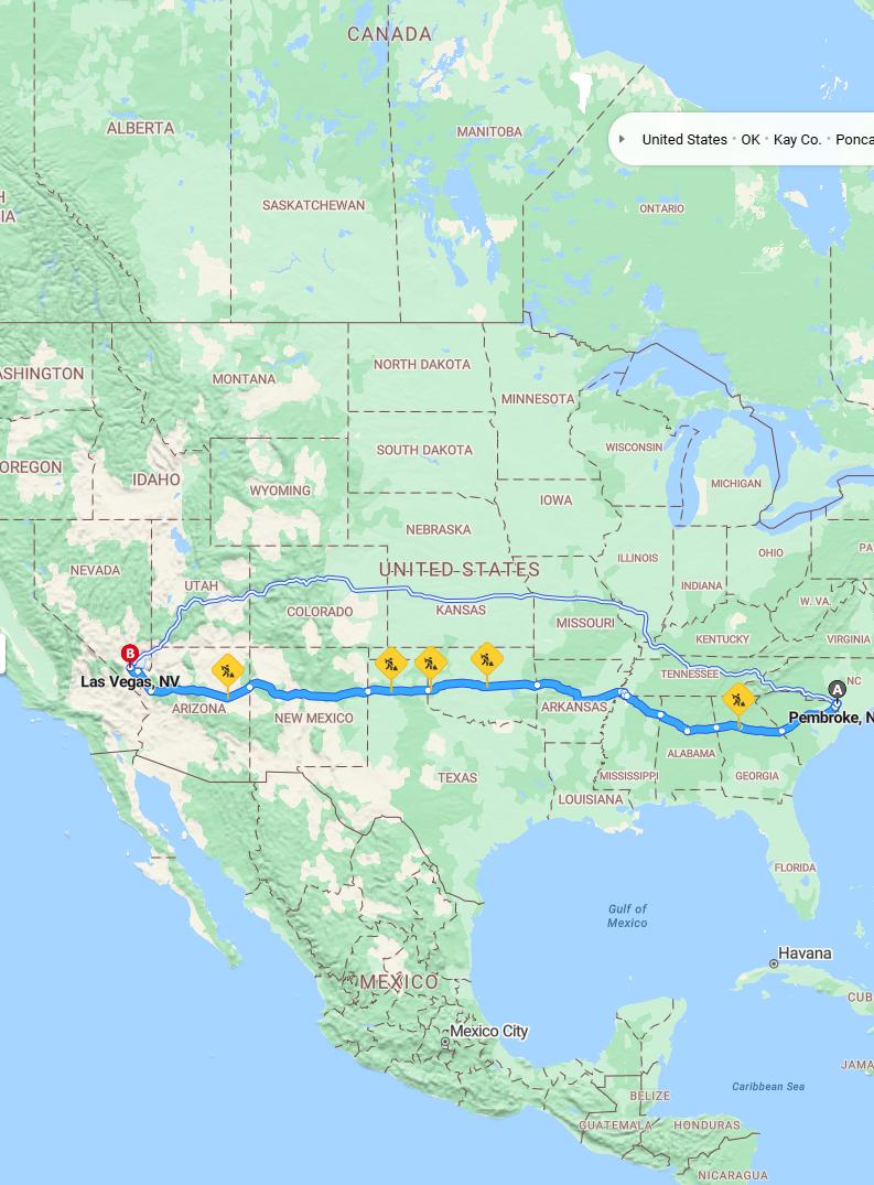 driving from Pembroke, North Carolina to Las VegasNevada - map and route