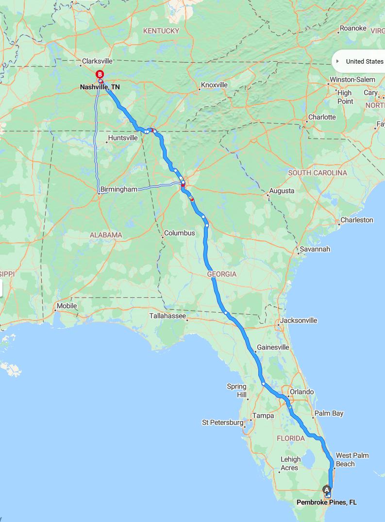 driving from Pembroke Pines, Florida to NashvilleTennessee - map and route