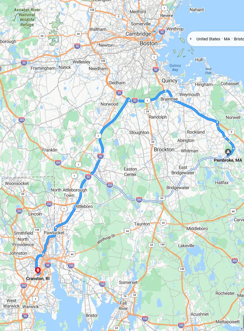 driving from Pembrooke, Massachusetts to CranstonRhode Island - map and route