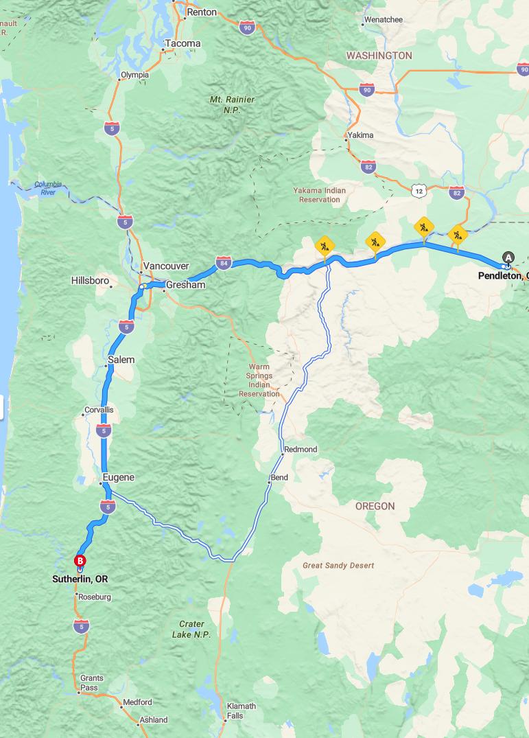 driving from Pendleton, Oregon to SutherlinOregon - map and route