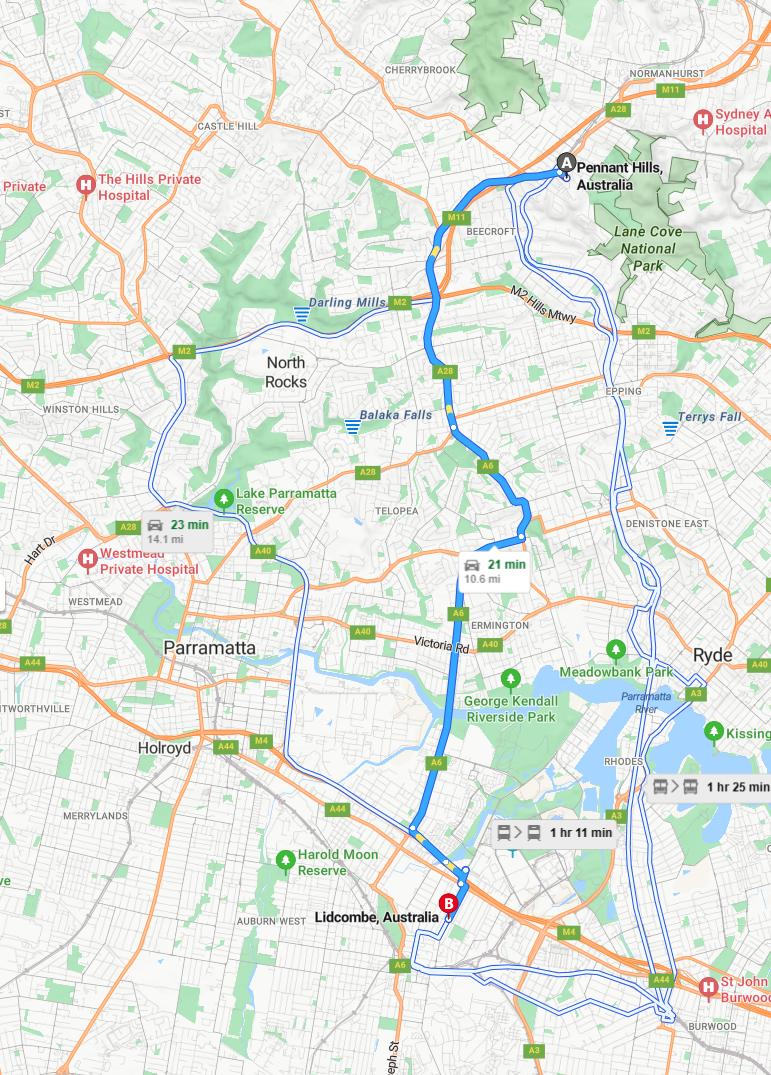 driving from Pennant Hills, New South Wales to LidcombeNew South Wales - map and route