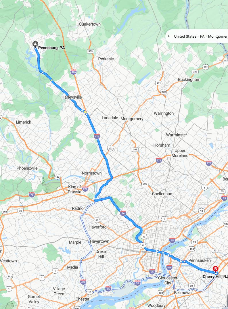 driving from Pennsburg, Pennsylvania to Cherry HillNew Jersey - map and route