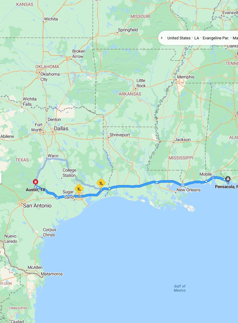 driving from Pensacola, Florida to AustinTexas - map and route
