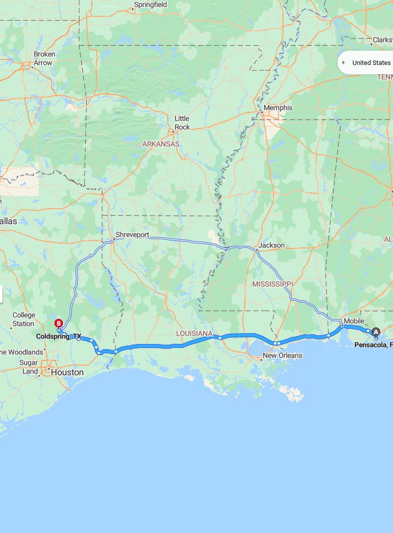 driving from Pensacola, Florida to ColdspringTexas - map and route