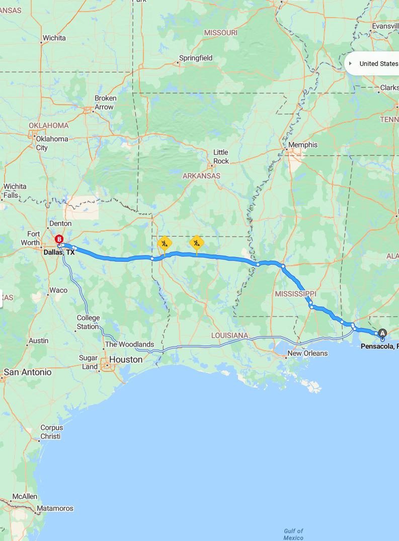 driving from Pensacola, Florida to DallasTexas - map and route