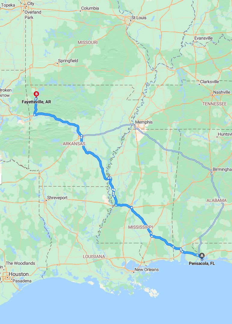 driving from Pensacola, Florida to FayettevilleArkansas - map and route