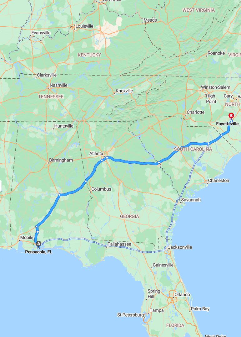 driving from Pensacola, Florida to FayettevilleNorth Carolina - map and route