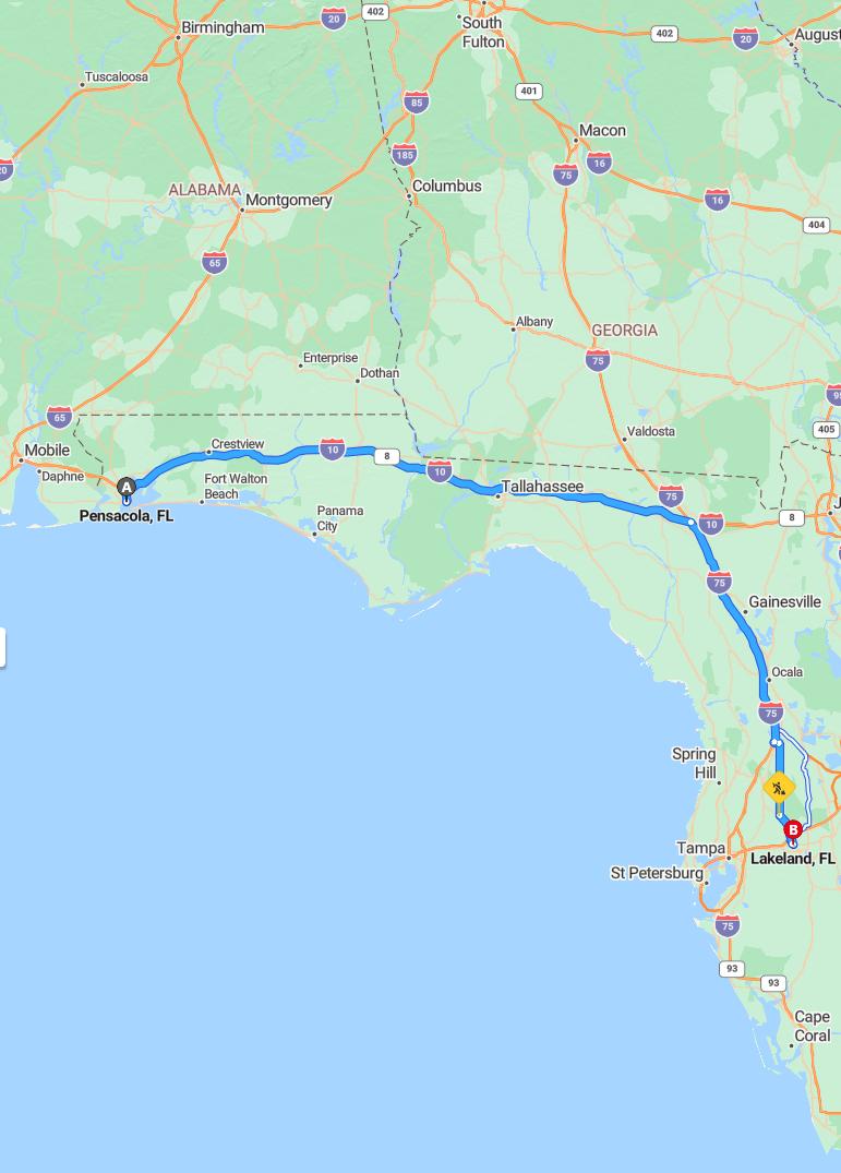 driving from Pensacola, Florida to LakelandFlorida - map and route
