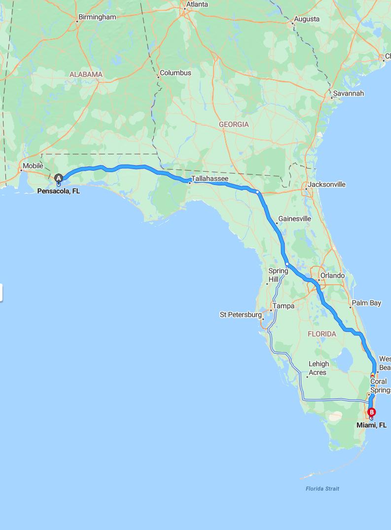 driving from Pensacola, Florida to MiamiFlorida - map and route
