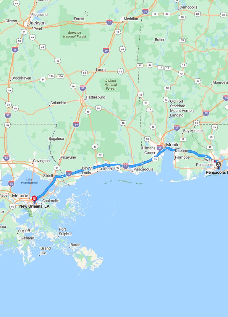driving from Pensacola, Florida to New OrleansLouisiana - map and route