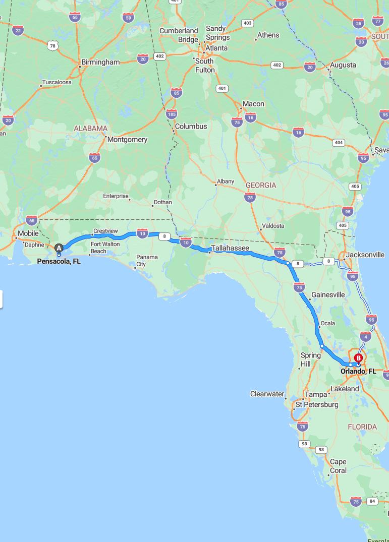 driving from Pensacola, Florida to OrlandoFlorida - map and route