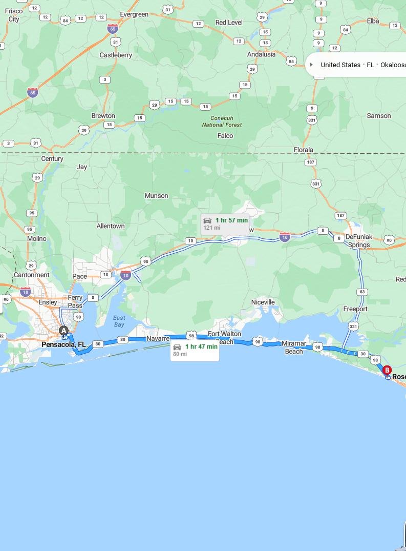 driving from Pensacola, Florida to Rosemary BeachFlorida - map and route
