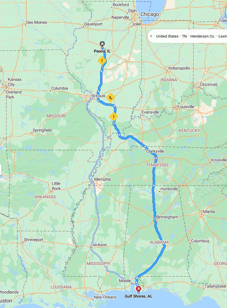 driving from Peoria, Illinois to Gulf ShoresAlabama - map and route