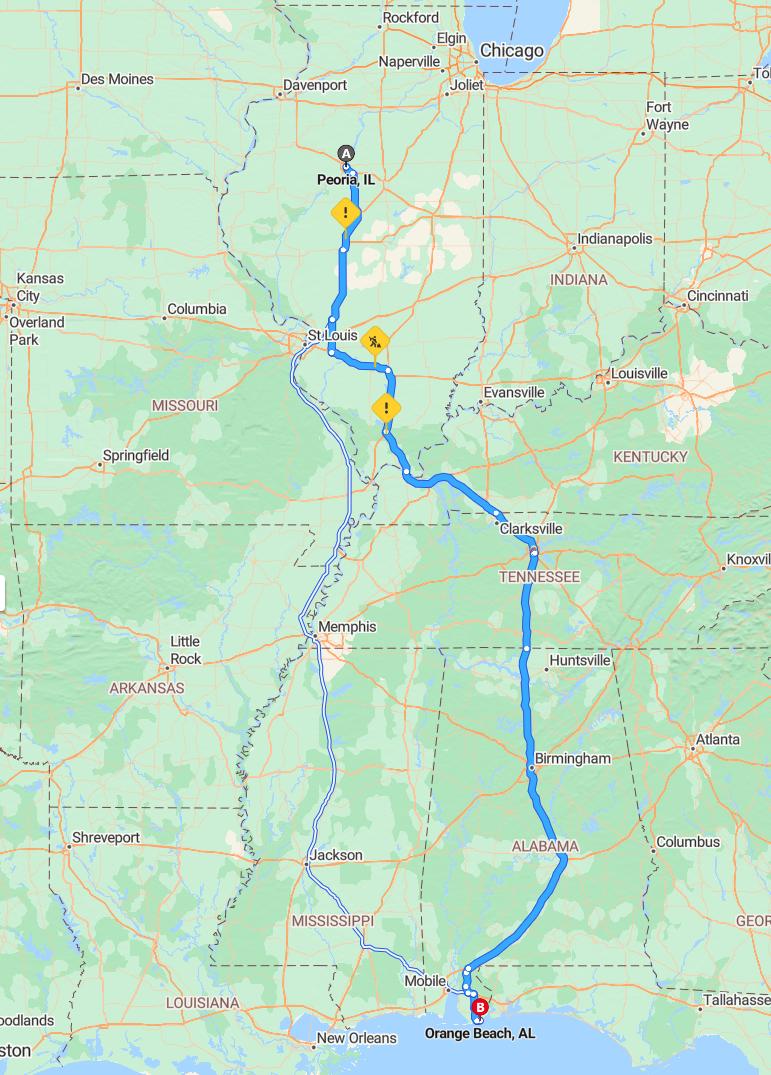 driving from Peoria, Illinois to Orange BeachAlabama - map and route