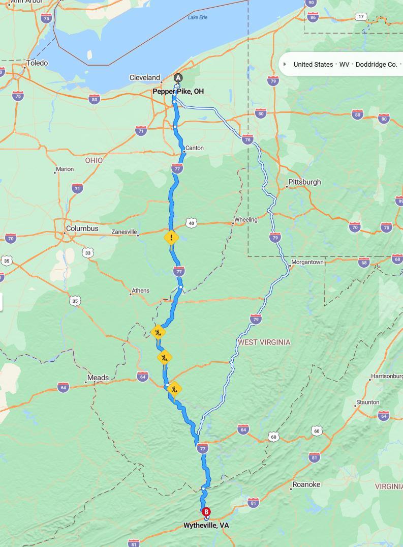 driving from Pepper Pike, Ohio to WythevilleVirginia - map and route