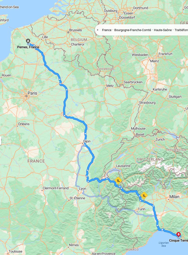 driving from Pernes, France to Cinque TerreItaly - map and route