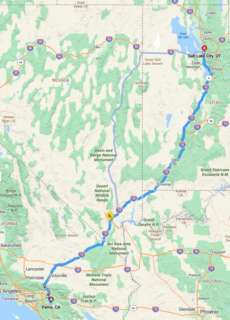 driving from Perris, California to Salt Lake CityUtah - map and route