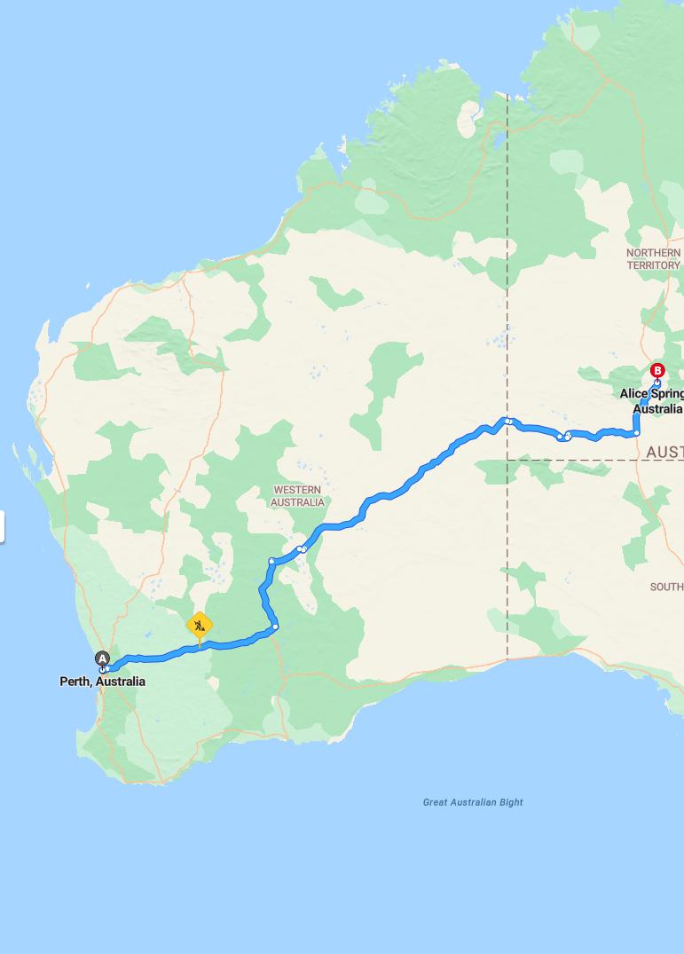 driving from Perth, Western Australia to Alice SpringsNorthern Territory - map and route