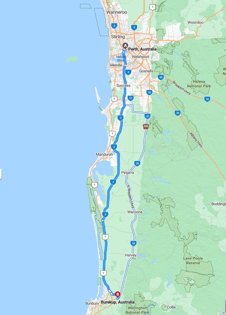 driving from Perth, Western Australia to BurekupWestern Australia - map and route