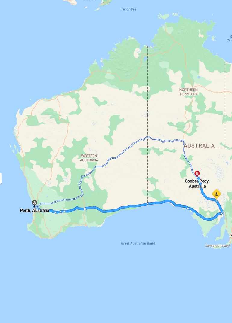 driving from Perth, Western Australia to Coober PedySouth Australia - map and route