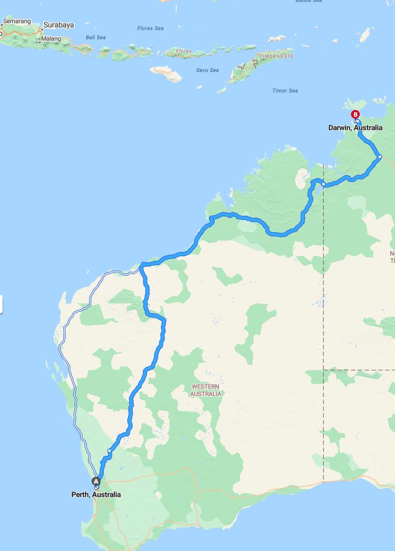 driving from Perth, Western Australia to DarwinNorthern Territory - map and route