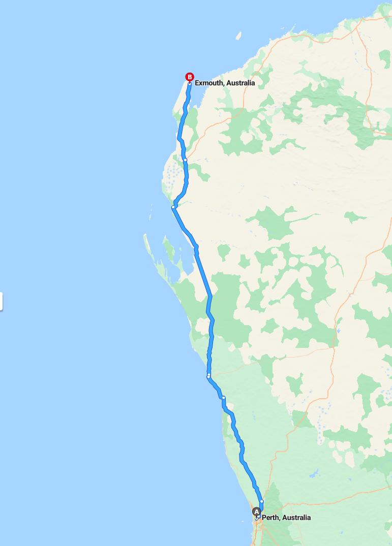 driving from Perth, Western Australia to ExmouthWestern Australia - map and route