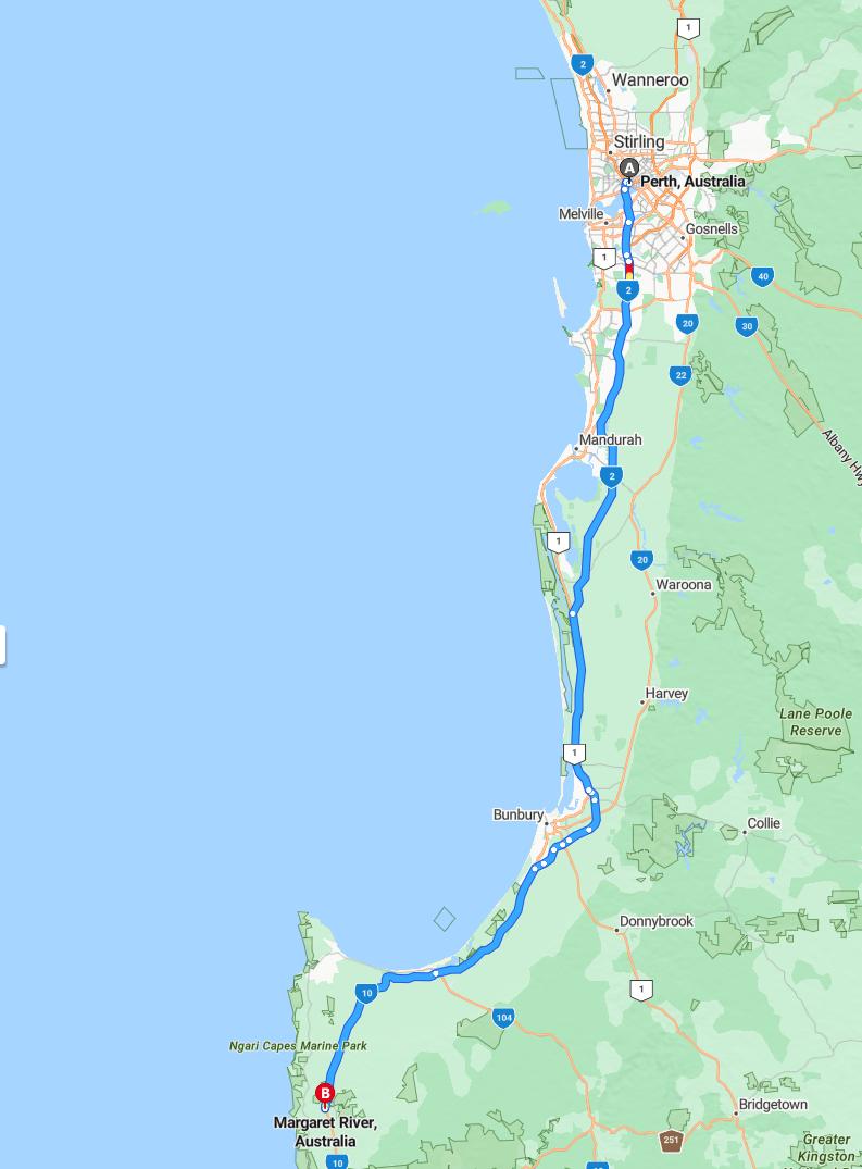 driving from Perth, Western Australia to Margaret RiverWestern Australia - map and route