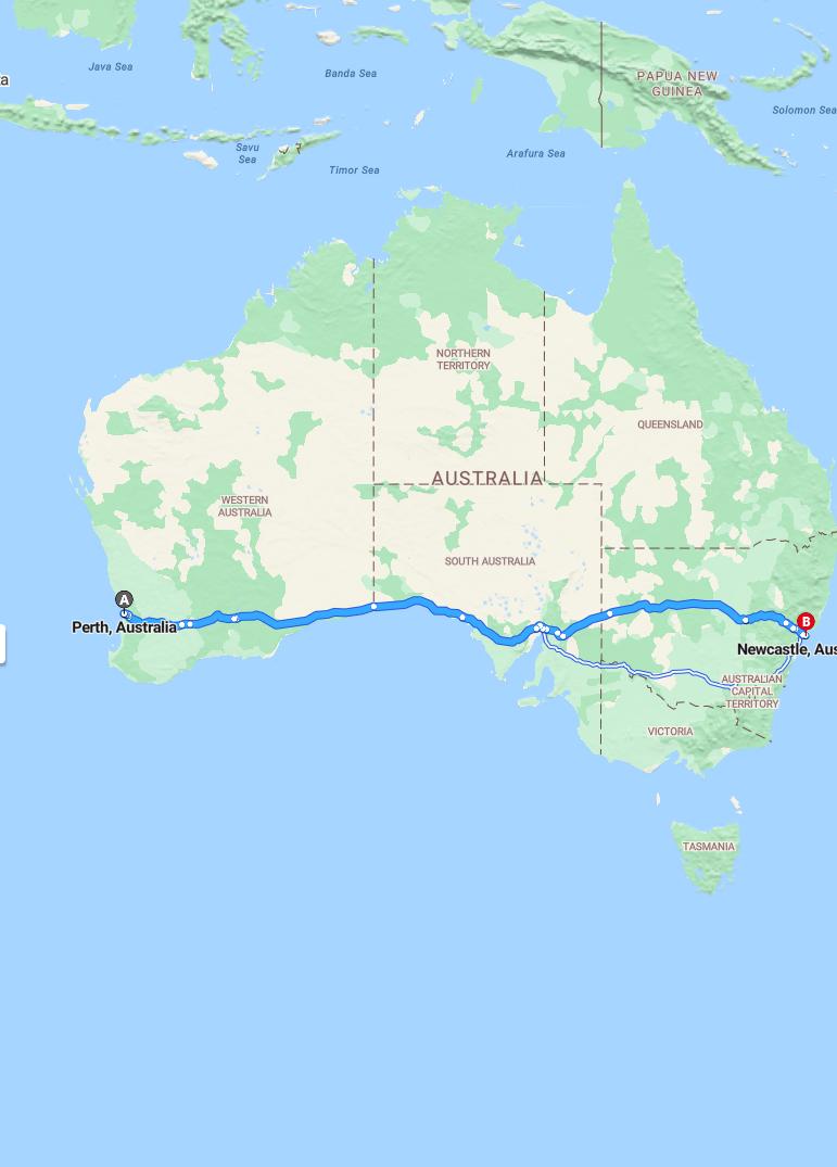 driving from Perth, Western Australia to NewcastleNew South Wales - map and route