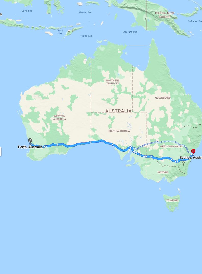 driving from Perth, Western Australia to SydneyNew South Wales - map and route