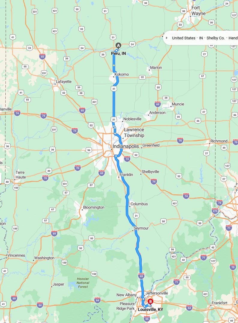 driving from Peru, Indiana to LouisvilleKentucky - map and route