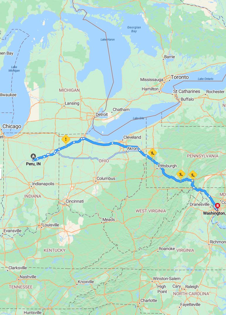 driving from Peru, Indiana to WashingtonDistrict of Columbia - map and route