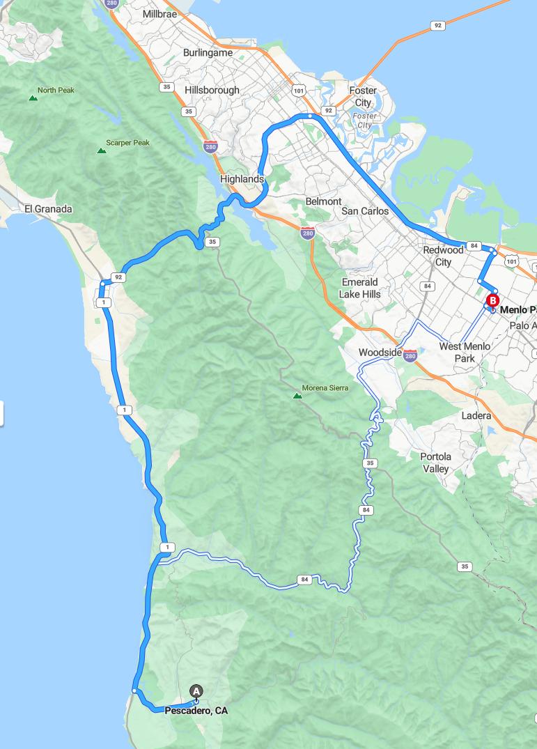 driving from Pescadero, California to Menlo ParkCalifornia - map and route