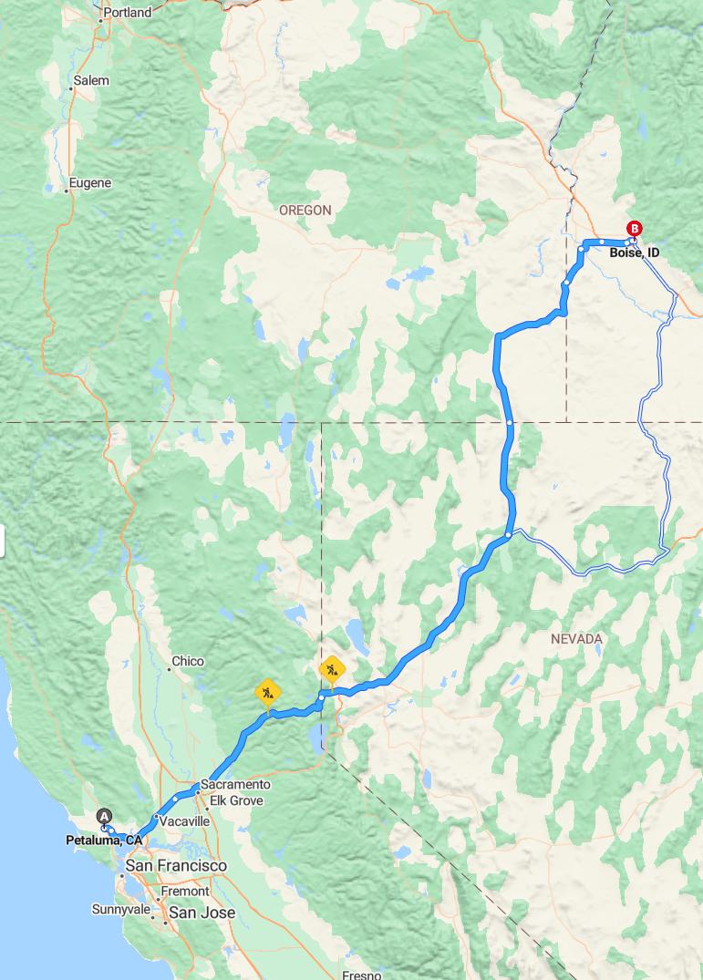 driving from Petaluma, California to BoiseIdaho - map and route