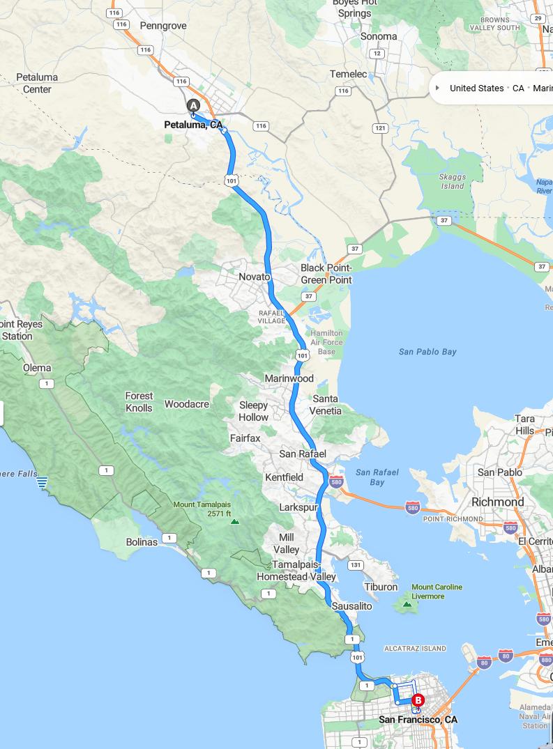 driving from Petaluma, California to San FranciscoCalifornia - map and route