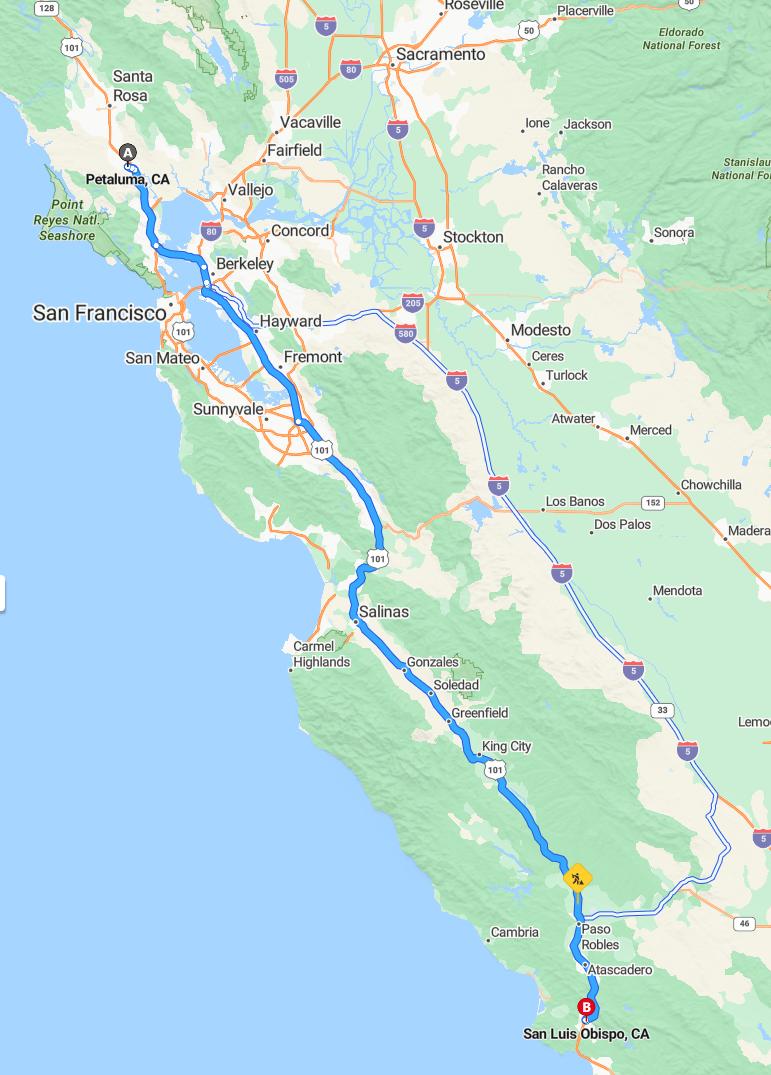driving from Petaluma, California to San Luis ObispoCalifornia - map and route